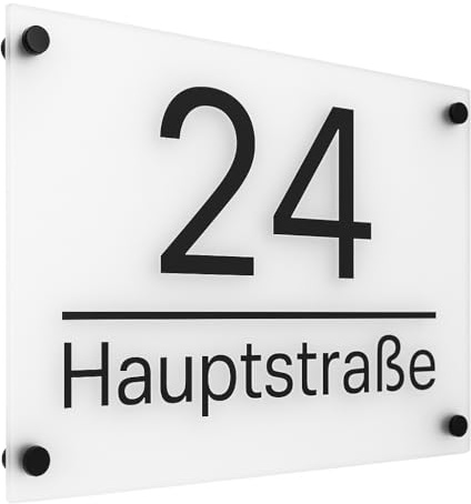 Sosenco Personalisierbares Adressschild aus halbtransparentem Acryl 19x29 cm – UV-Druck, wetterfest, modernes Türschild mit 4 schwarzen Abstandshaltern – Namensschild, Hausnummer, Firmenschild