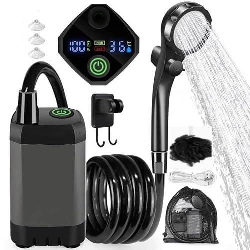 Solaughguy Rechargeable Portable Shower 6000mAh Camping Shower with LED Display for Outdoor Bathing, Adjustable Water Flow, Filtered Shower Head,(Gray 6000mA)