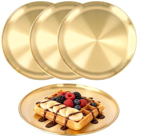SINJEUN 4 PCS 30 cm Stainless Steel Dinner Plates, Round Serving Tray Gold Brushed Metal Dishes for Camping, Eating, BBQ, Steak, Salad