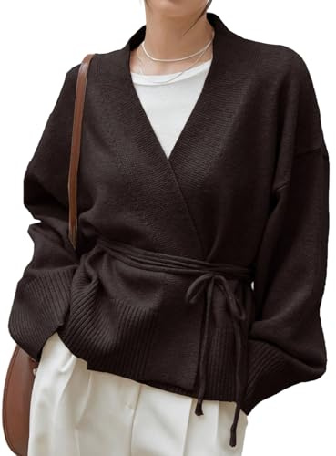 WDIRARA Women's Wrap V Neck Long Sleeve Tie Front Belted Cardigan Casual Sweater Chocolate Brown Large