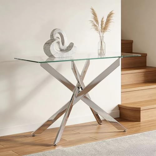 SOARS Konsolentisch mit ESG-Glas & Metalbeinen, moderner rechteckiger Beistelltisch mit verstellbaren Fußpolstern, Eingangstisch für Flur, Esszimmer & Wohnzimmer, 115 x 45 x 78 cm (Silber)