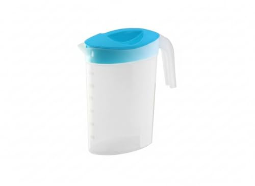 Jarra de Plástico con Tapa, 2,5 L, Sin BPA, Graduada, Antigoteo, para Agua y Zumos, Refrigerador, 10x23x26 cm (Azul T)