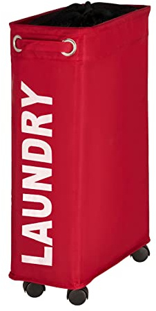 WENKO Wäschesammler Corno Rot, Stabiler schmaler Wäschekorb mit Vier leichtgängigen Rollen und Deckel, Wäschetruhe aus 100% Polyester, Fassungsvermögen 43 L, (B x H x T): 18,5 x 60 x 40 cm