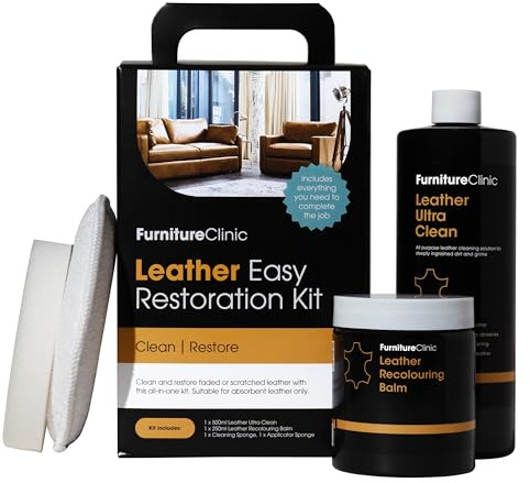 Furniture Clinic Easy Leather Restoration Kit (Ivory) | Includes Recolouring Balm, Ultra Clean, Sponge & Cloth for Furniture, Car Seats, Shoes & Bags