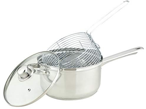 HIGHLANDS 22CM Chip Pan Set Fryer Deep Fat Frying Basket Pot with Glass Lid