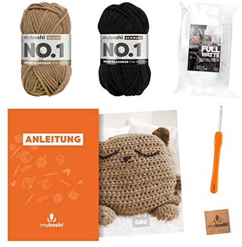 myboshi Häkelset Kuscheltier Obu für Anfänger, inkl. No.1 Wolle, Nadel, Füllwatte und Anleitung, Häkelpaket, Amigurumi-Kissen, 30% Merinowolle Braun mit Häkelnadel