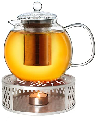Creano Glass Teapot 1300ml with Warmer - Stovetop Safe Tea Kettle with Stainless Steel Infuser and Glass Lid, Ideal for Preparing Loose Teas - Drip Free