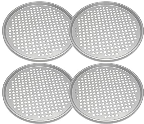 EUROXANTY Bandeja Redonda para Pizza | Bandeja para Horno | Antiadherentes y Perforadas | 33 centímetros | Plateada | Pack de 4 |