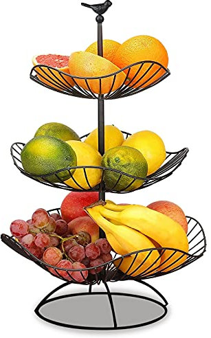 Fouvin Frutero de 3 pisos, cesta de fruta negra para más espacio en la encimera – Soporte de metal para fruta con 3 bandejas de almacenamiento Tamaño: 31 cm, 25 cm, 20 cm