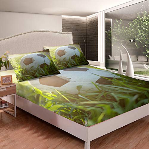 Juego de Ropa de Cama de fútbol, sábana Bajera Deportiva para niños y Adultos, Juego de sábanas de Pelota de fútbol 3D, Funda de Cama de Hierba Verde, 3 Piezas con 2 Fundas de Almohada, tamaño King