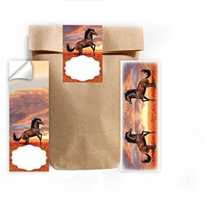 Junapack 12 Lesezeichen + 12 Geschenktüten (Natur) + 12 Aufkleber Pferd Mitgebsel Gastgeschenk beim Kindergeburtstag Mädchen