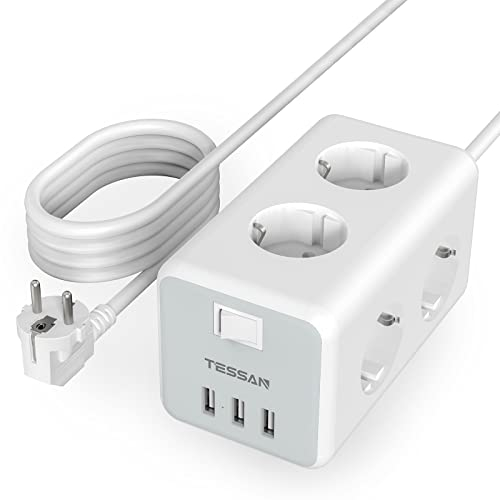 TESSAN 6 Fach Mehrfachsteckdose mit USB C, Verlängerungskabel 5M Verteilersteckdose, Steckdosenleiste mit 3 USB, 9 in 1 Steckerleiste mit Schalter, Steckdosenwürfel Wandmontage, Mehrfachstecker 3600W
