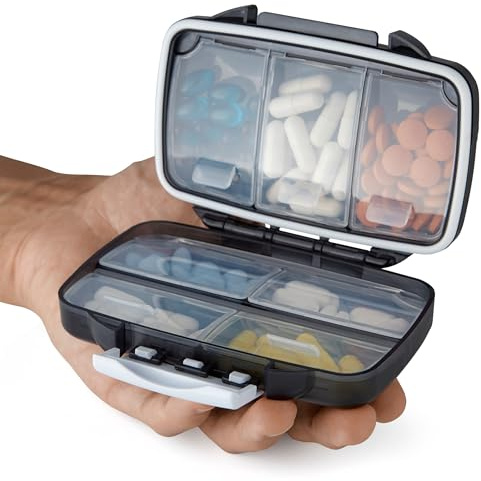 Travel Pill Organizer - Moisture Proof Portable Vitamin Holder with 7 Compartments, Compact Supplement Case for Purse Essential Medicine Kit fot Traveling Pocket Pharmacy with Labels, Black