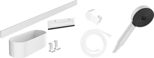 hansgrohe WallStoris - Badezimmer Set, Zubehör Set für das Bad ohne bohren, 7-teilig, mit Duschkopf wassersparend und Bad-Accessoires, Badezimmer Zubehör, Mattweiß, 24291700
