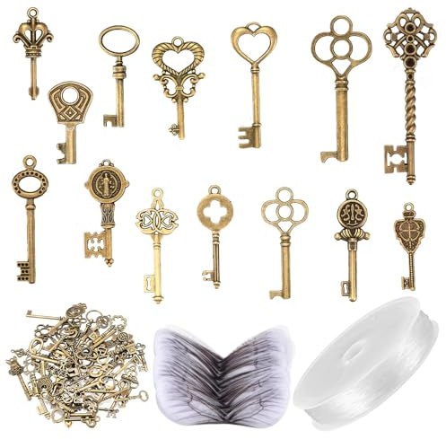 101 pièces Ensemble de Pendentifs à Clé Antiques Vintage Décoratifs (50 x Clés Volantes Charmes, 50 x Ailes de Libellule, 1 x 30 Mètres de Fil Perlé) pour DIY Colliers Clés Artisanales