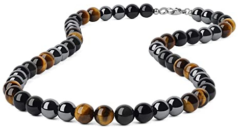 GAVU 10mm Collier Homme Perles Hématite Œil de tigre Marron Obsidienne Arc-en-Ciel 60cm