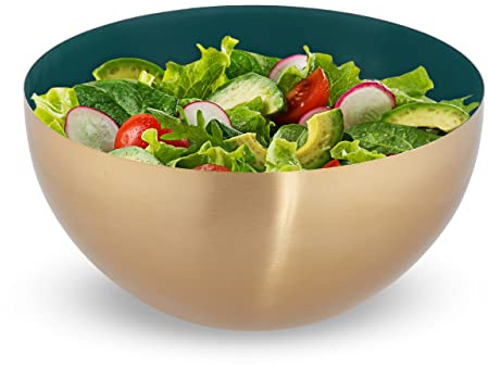 Relaxdays Salatschüssel, Edelstahl, Ø 25cm, runde Metallschüssel zum Backen & Servieren, Küchenschüssel 3,5 l, grün/gold