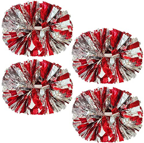 PUZINE Cheerleading-Pompons, metallische Cheerleading-Pompons mit Trainingsstab-Griff für Team Sport Spirit Squad Bulk Cheerleader (rot und silber)