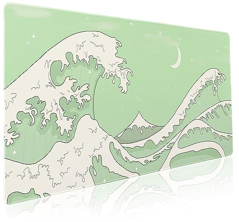 Matcha Green White Japanese Anime Gaming Mouse Pad XXL Cute Kawaii Sage Aesthetic Sea Wave Extended Large Desk Mat Non-Slip Rubber Base Stitched Edge Keyboard Mousepad for PC Laptop,35.4×15.7 in