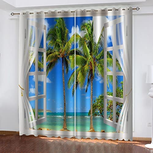 Kinder Verdunkelungsvorhänge 150 (B) X 166 (H) cm Fenster Blauer Meerblick 3D Polyester Ösen Vorhang, Für Wohnzimmer Schlafzimmer Blickdicht Schallschutzvorhänge 2Er Set 2X -Esszimmervorhang
