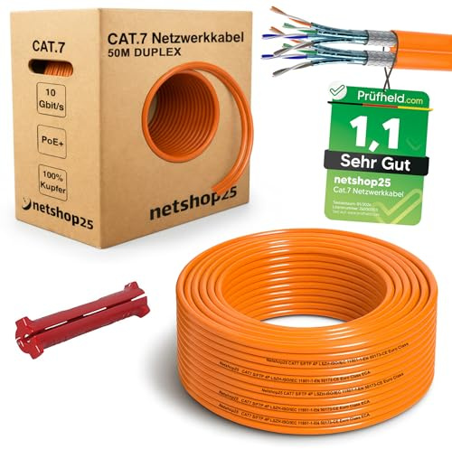 CAT.7 Netzwerkkabel 50m Duplex Verlegekabel REINES KUPFER - LAN Kabel S/FTP PiMF LSZH Halogenfrei RoHS Ethernet Cable Datenkabel Installationskabel PoE 10Gbit/s RoHS konform (Orange) + ABISOLIERER