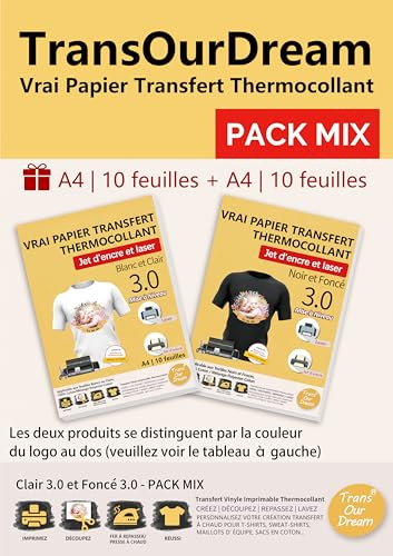 TransOurDream Papier Transfert pour Textile 3.0- Pack Mix (10 feuilles pour clair +10 feuilles pour foncé), HTV vinyle, Imprimantes Jet d'Encre & Laser, Non Impression Miroir FR-PACKMIX-3.0-10-10
