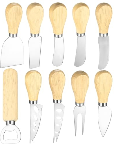 Käsemesser Set, 10 Stück Edelstahl Käsemesser mit Holzgriff, Käseschneider Set, Käsegabel, Küchenkäse Werkzeuge, Käse schneiden Messer für Käse Kuchen Dessert Salat