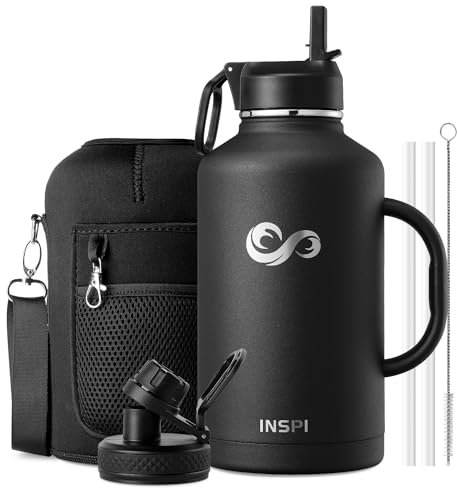 INSPI Insulated Water Bottle 64oz with Handle, Double Wall Vacuum Stainless Steel Water Bottles with Straw & 2 Lids, Half Gallon Metal Large Jug with Carry Pouch for Outdoor Sports, Black