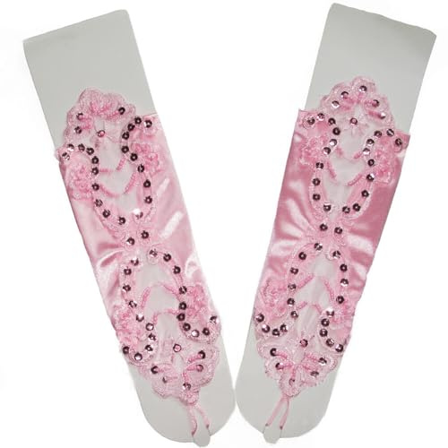 Asudaro Pailletten Spitze Satin Handschuhe Fingerlose Strass Brauthandschuhe Bestickte Handschuhe Abendhandschuhe Spitze Hochzeit Fingerring Prinzessin Handschuhe Prom Maskerade Tee Party Rosa