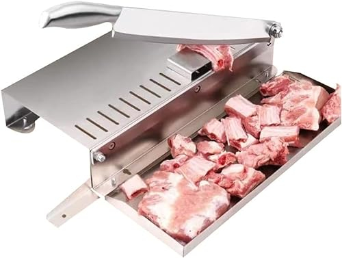 QOJJ Manual Bone Meat Cutter, Home Commercial Food Slicer Machine, Stainless Steel Ribs Meat Chopper, Bone Chopper with Meat Tray for Lamb Chops Pork Beef Fish Vegetable BBQ