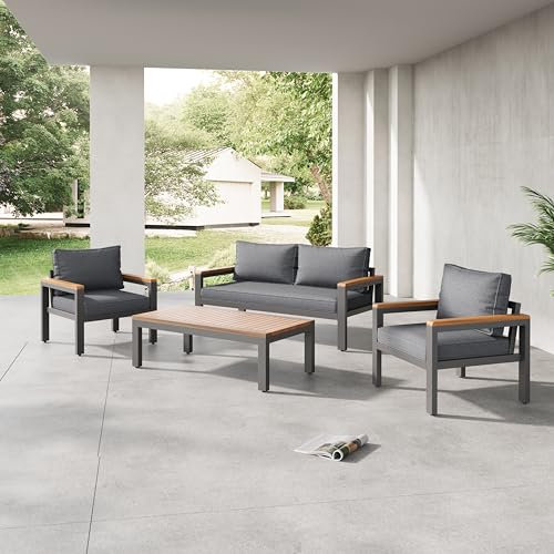 ZYLOYAL10 Loungeset, Gartenmöbel-Set mit Rahmen aus verzinktem Stahl, (breites Set, 4-teiliges Esstisch-Set, 1x 2-Sitzer-Sofa, 2X Einzelstühle, 1x Tisch), Akazienholz Tischplatte und Armlehnen (Grau)