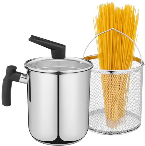 Navaris Olla para Cocer Pasta - Olla con Cesta Extraíble para Hervir Espárragos - Olla con Escurridor y Tapa para Espaguetis - Cazo Freidora con Cestillo - 23 x 17 x 26 cm