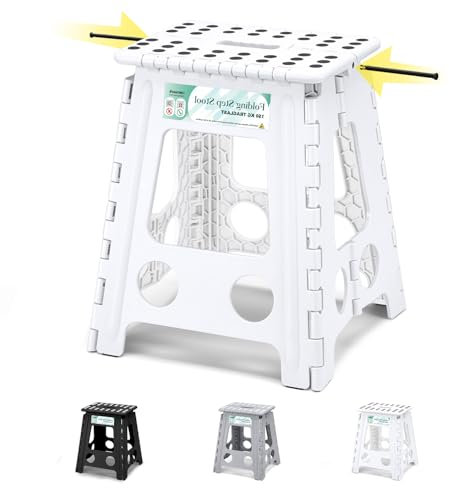 Heimwohl Sgabello Pieghevole da 40 cm, Bianco con Capacità 150 kg - Blocco di Sicurezza e Maniglia Girevole, Ideale per Casa