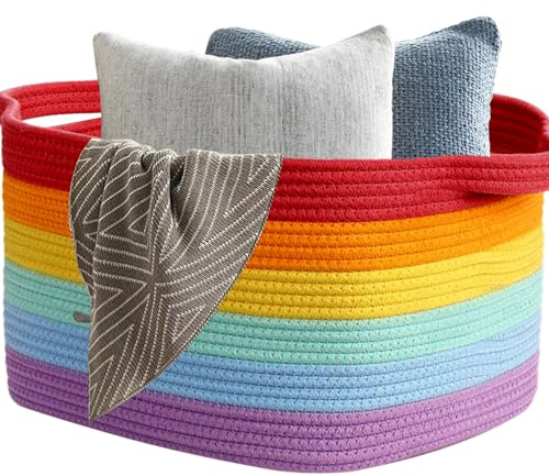 Fernlandia Korb Aufbewahrung Groß mit Griff für Babykleidung Spielzeug Decke Bettwäsche Handtuch,55 * 38 * 30cm,Geeignet für Wohnzimmer Schlafzimmer Badezimmer (Regenbogenfarbe）