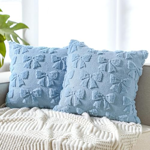FUFRE 2 Stück Schleife Kissenbezug 45x45 cm, Kissenbezüge Schleifen 45x45 Deko Wohnzimmer Modern Kissenhülle Zimmer Deko Aesthetic Zierkissenbezüge Muttertag Dekokissen Geschenk für Mama (Blau A)