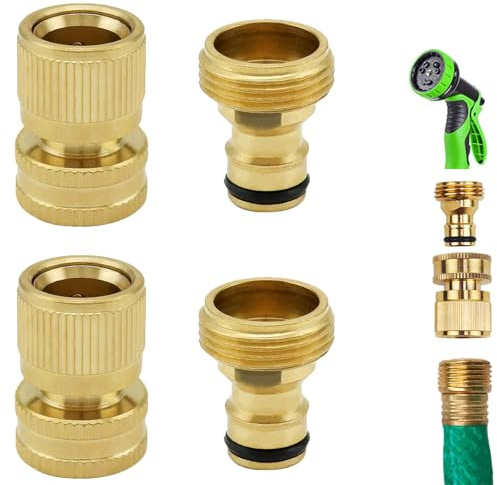 MOAZIFI Gartenschlauch Anschluss Set | 4-teilige Schlauchanschluss 3/4 Zoll aus Messing | Schlauchverbinder für Wasserhahn & Gartenschläuche | Inkl. 2 Varianten (3.3cm & 4cm)