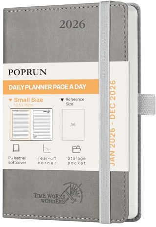 POPRUN Kalender 2026 Tagesplaner Softcover 16 x 10,5 cm, Tageskalender A6 1 Tag 1 Seite (Montag - Sonntag), Terminplaner (Jan.2026-Dez.2026) mit PU-Leder - Grau