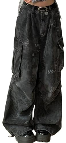 Women's Casual Baggy Cargo Jeans Unisex Y2k Low Rise Vintage Multi-Pocket Distressed Pants Street-Style Harajuku Clothing (US, Alpha, Large, Regular, Regular, Black)