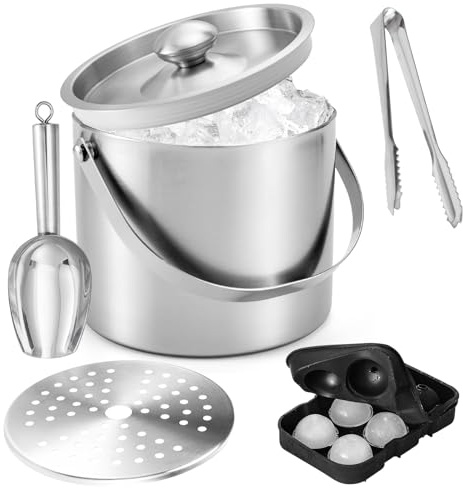 Cubitera de 4L con Tapa, Set de Cubo de Hielo de Acero Inoxidable de Doble Pared con Colador, Pinzas para Hielo, Pala para Hielo, Molde de Cubitos de Silicona, Enfriador de Champán y Vino para Cerveza