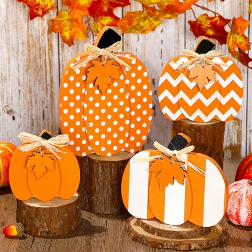 Yalikop 4 Pcs Fall Wooden Pumpkin Signs 3D Fall Decor, Orange and White