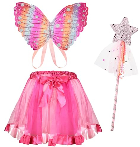 AUYAO Fjärilskostym för flickor, fjäril, älva, kostym med trollstav, tutu-kjol, fjäril, vingar för barn, älva, fjärilsdräkt, karneval, jul, cosplay, rosa, One size