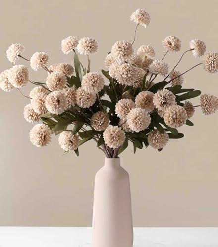 HNNFMY Beige Artificial Flowers 5PCS Long Stems Faux Silk Pompon Mums Flower Bulk, Silk Small Mini Chrysanthemum For DIY Champagne Wedding Centerpieces Floral Arrangements Vase Fillers