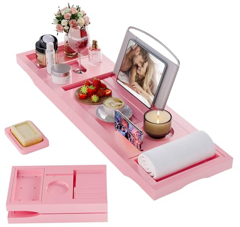 Foldable Bathtub Caddy Tray, Bamboo Bath Tub Tray Table for Tub with Wine Glass Holder Book Phone Tablet Holder with Extending Sides, Adjustable Bathroom Bathtub Free Soap Holder Gift Idea (Pink)