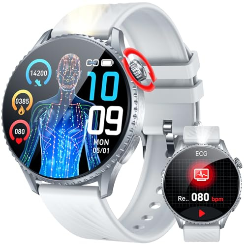 Smartwatch Herren mit EKG+HRV Fitnessuhr: 1.56 AMOLED Bluetooth Telefonfunktion Smart Watch mit 24H Herzfrequenz Blutdruck Sportuhr mit LED Taschenlampe Fitness Tracker Uhren Kompatibel iOS Android