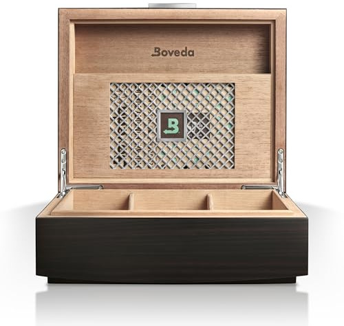 Boveda Bespoke Spanish Cedar Humidor | Macassar Ebony Matte Finish | Custom Built-in Holder | Includes Seasoning Packs and 69% Two-Way Humidity Control Pack Size 320 | 50 Count Capacity
