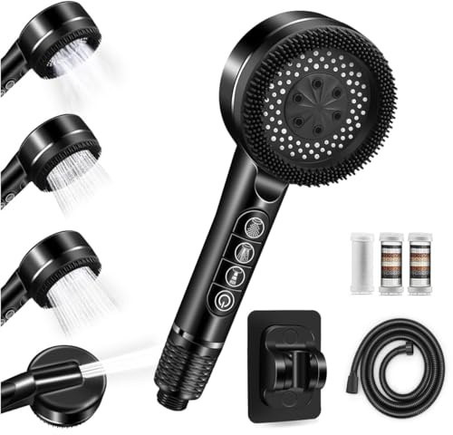 Pommeau deouche Haute Pression, Pommeau Douche Economie Deau 4 Types de Jets Pommeau de Douche Anti Calcaire avec Tuyau Douche 1.5M et Support de Douche, avec Bouton D'arrêt D'eau,Noir