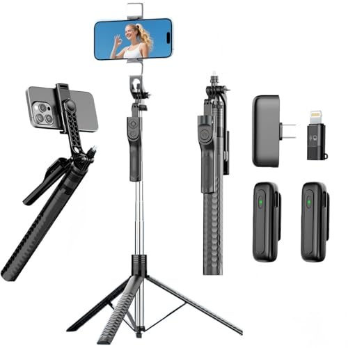74.8 Phone Stand Tripod +Wireless Micrphones Kit, Extendable Selfie Stick with Remote & Dual fill lights,360° Rotation Travel Tripods for Content Creator Tiktok Vlog Video Recording