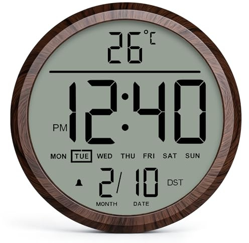 Mee 2ou 8 Round Digital Wall Clock Battery Operated for Classroom, with Calendar,Temperature,DST,12/24H,Alarm,Classroom Timer Decor for Teacher Student, Elderly, Senior for Bedroom, Kitchen, Office