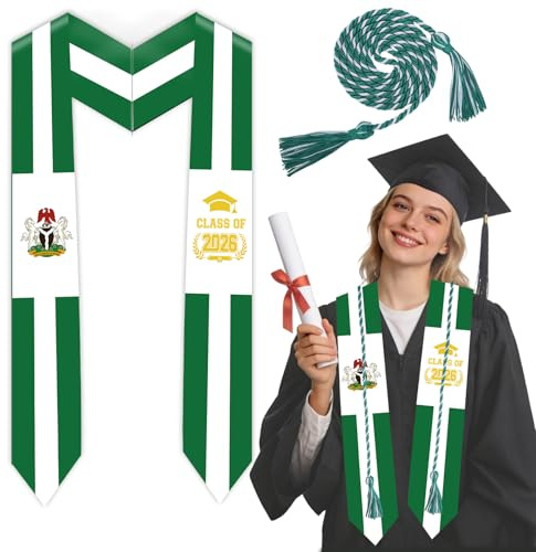 Teefolio 2 Pcs Class of 2026 Nigeria Graduation Stole, Green White Satin Graduation Sash with Cord, 72 Inch Sash for 2026 Graduation