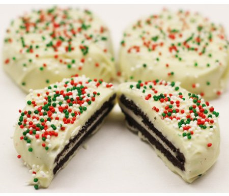 Scott's Cakes Christmas White Chocolate Covered Topped with Christmas Colored Non-Pareils in a 1 Pound Red Polka Dots Bag
